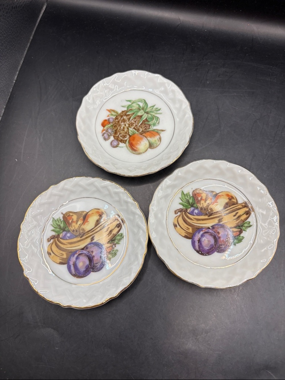 3 White Japan Fruit Dessert Plates with Gold Trim